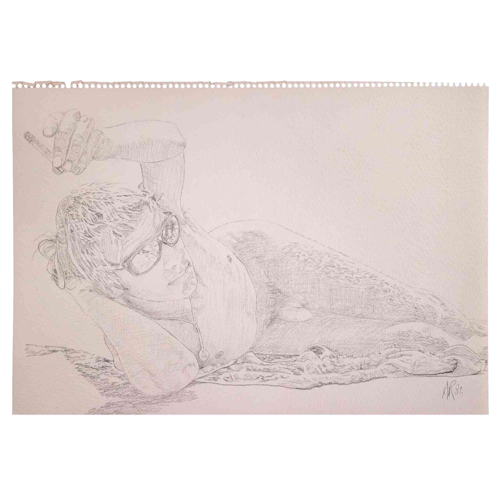 Boy with Glasses - Drawing original au crayon d'Anthony Roaland - 1981