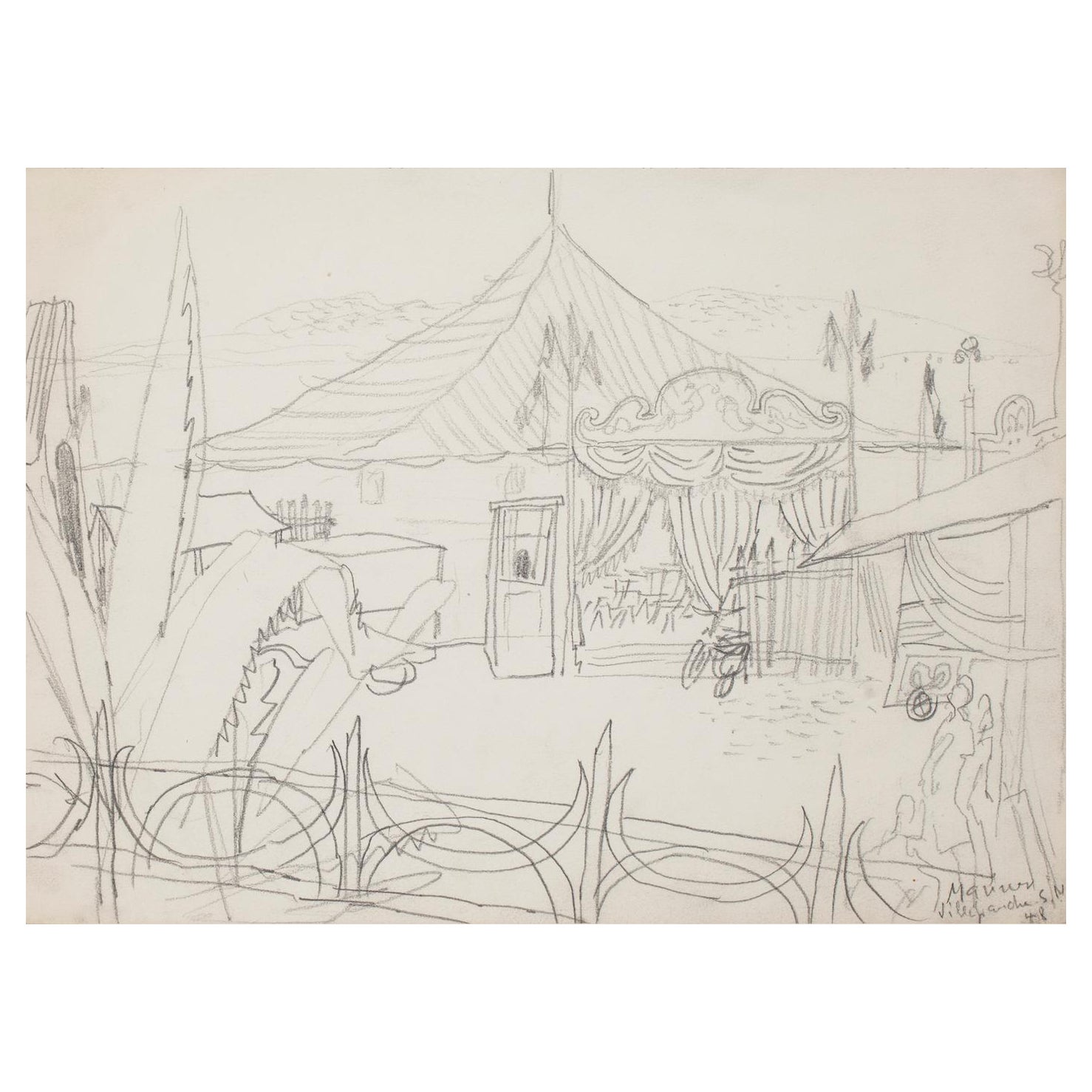 Figurative Art de Géo François - Circo en Villefranche-sur-Mer- Dibujo a lápiz - 1948