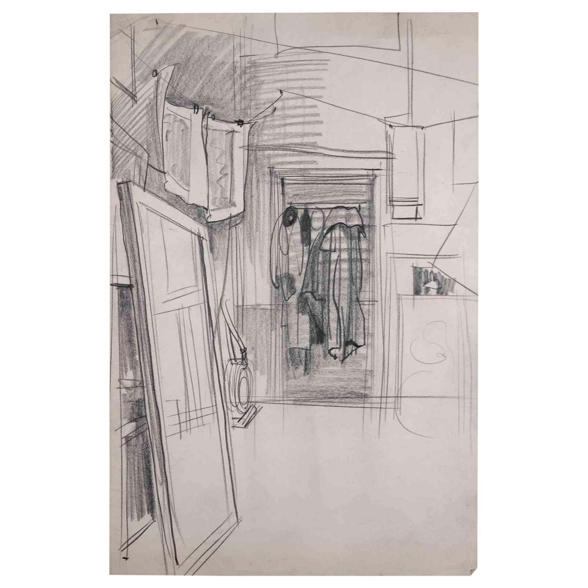 Croquis d'un intrieur - Dessin au crayon - Milieu du XXe sicle