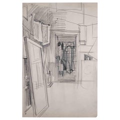 Croquis d'un intrieur - Dessin au crayon - Milieu du XXe sicle