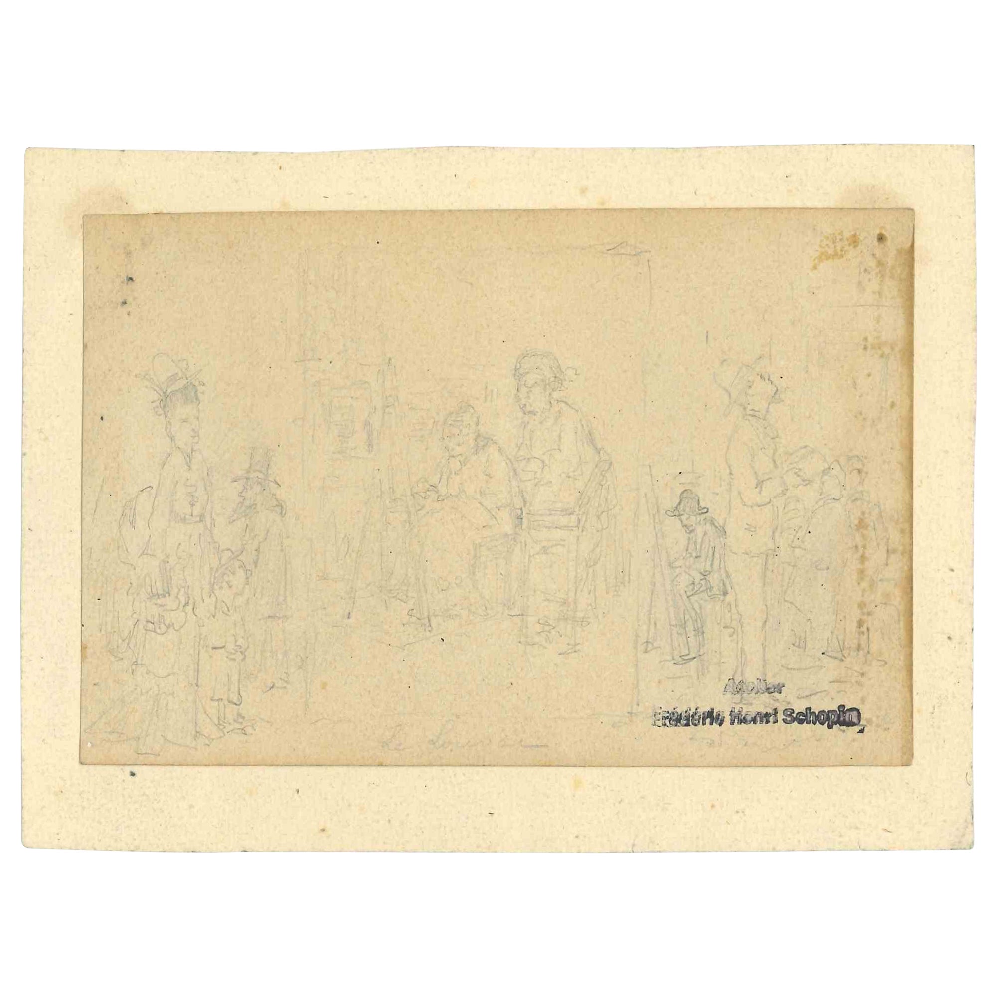 Figures -  Original Drawing by Fredric Henri Schopin- Late 19th Century