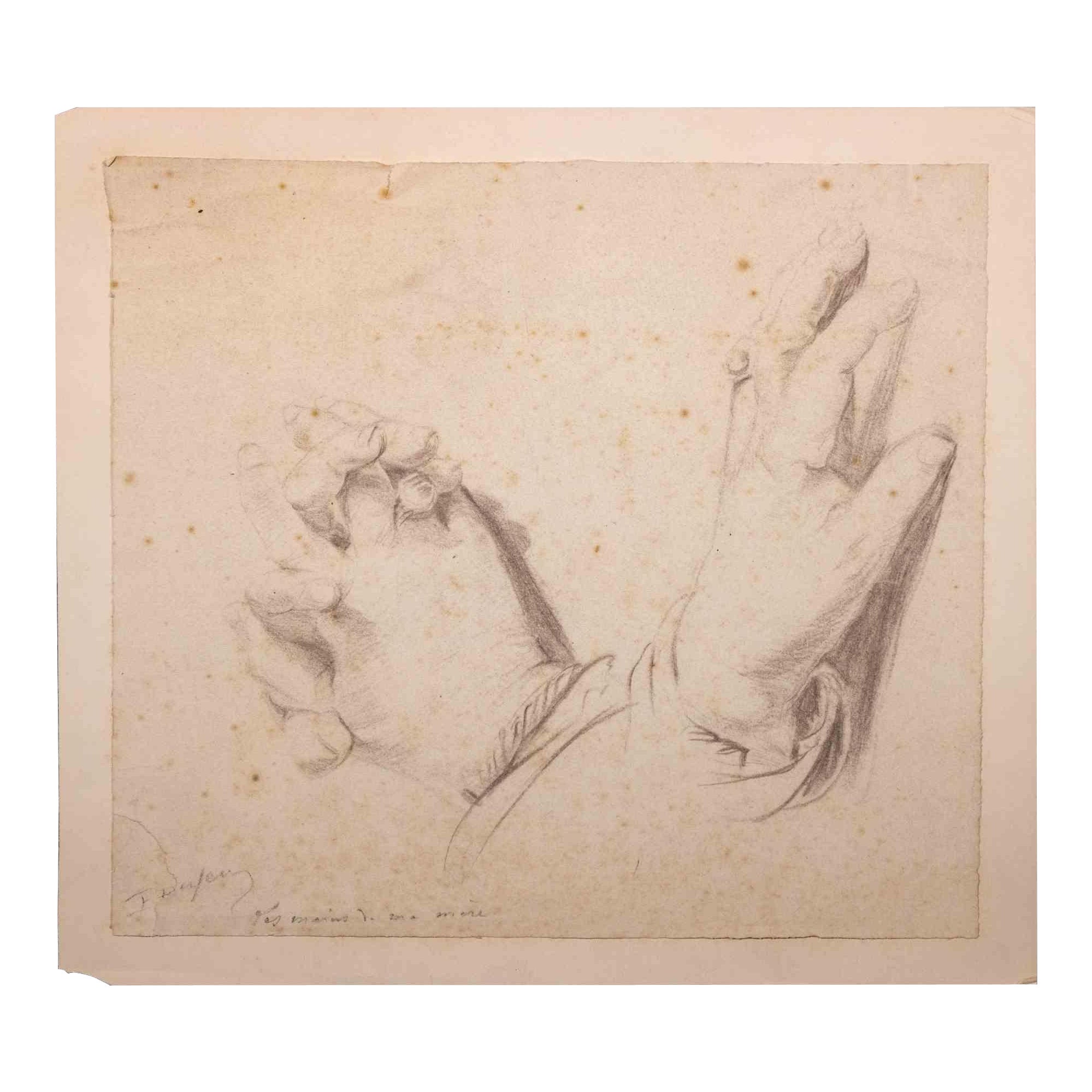 Les Mains de ma mère es un dibujo original a lápiz sobre papel realizado por Edouard Dufeu en la década de 1880.

Firmado a mano en la parte inferior.

En buen estado y envejecido, con algunos zorros difusos y cortes en los márgenes.

La obra de