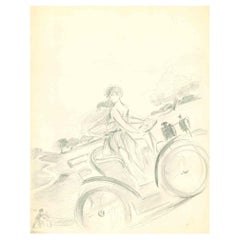 La femme romaine qui conduit - dessin original d'Henri Thiriet - milieu du 20e siècle