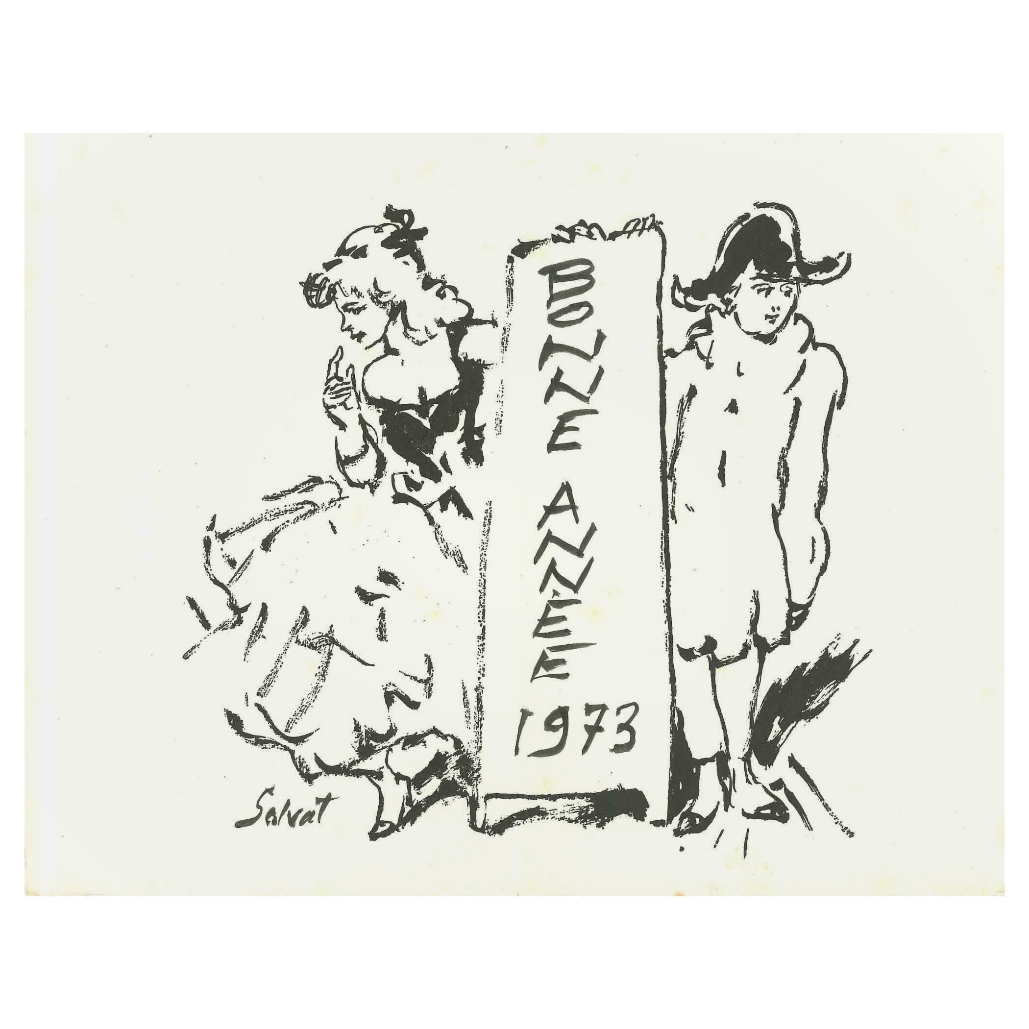 Bonne année 1973 -  Dessin de François Salvat - 1973