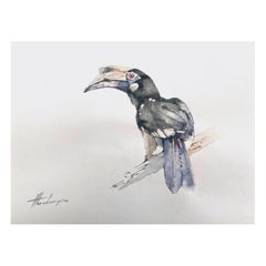 Hornbill, Uccello Acquerello Pittura fatta a mano Unica nel suo genere