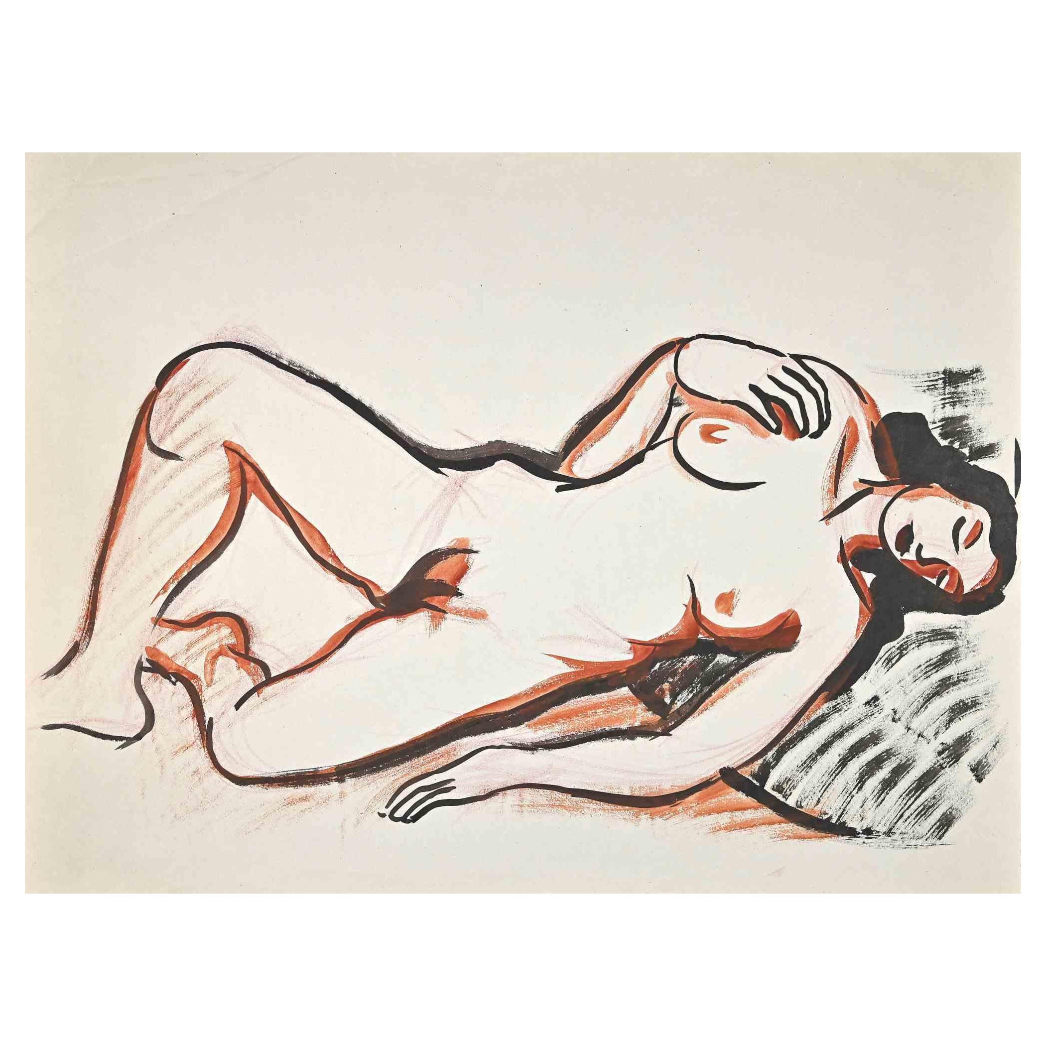Akt – Original-Aquarell von Jean Delpech – Mitte des 20. Jahrhunderts