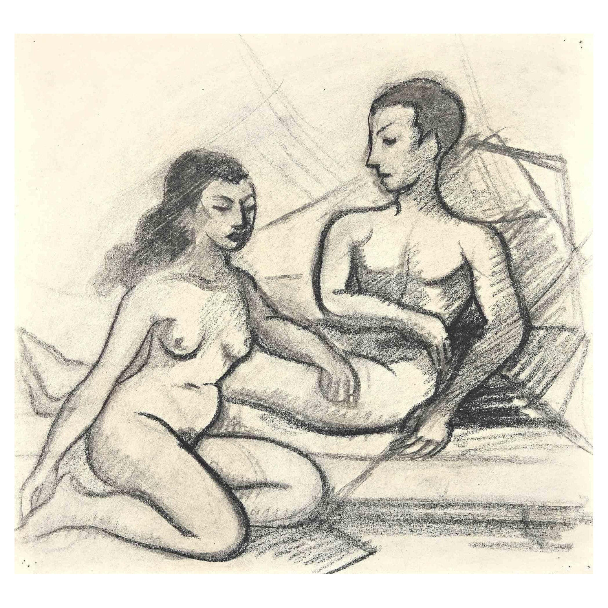 Pareja - Dibujo original de Jean Delpech - Mediados del siglo XX