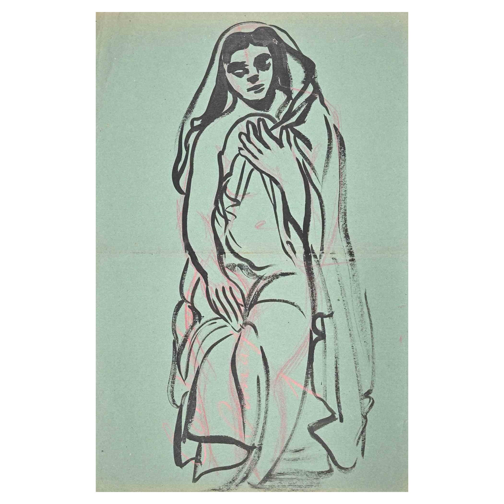 Donna - Acquerello originale di Jean Delpech - Metà del XX secolo