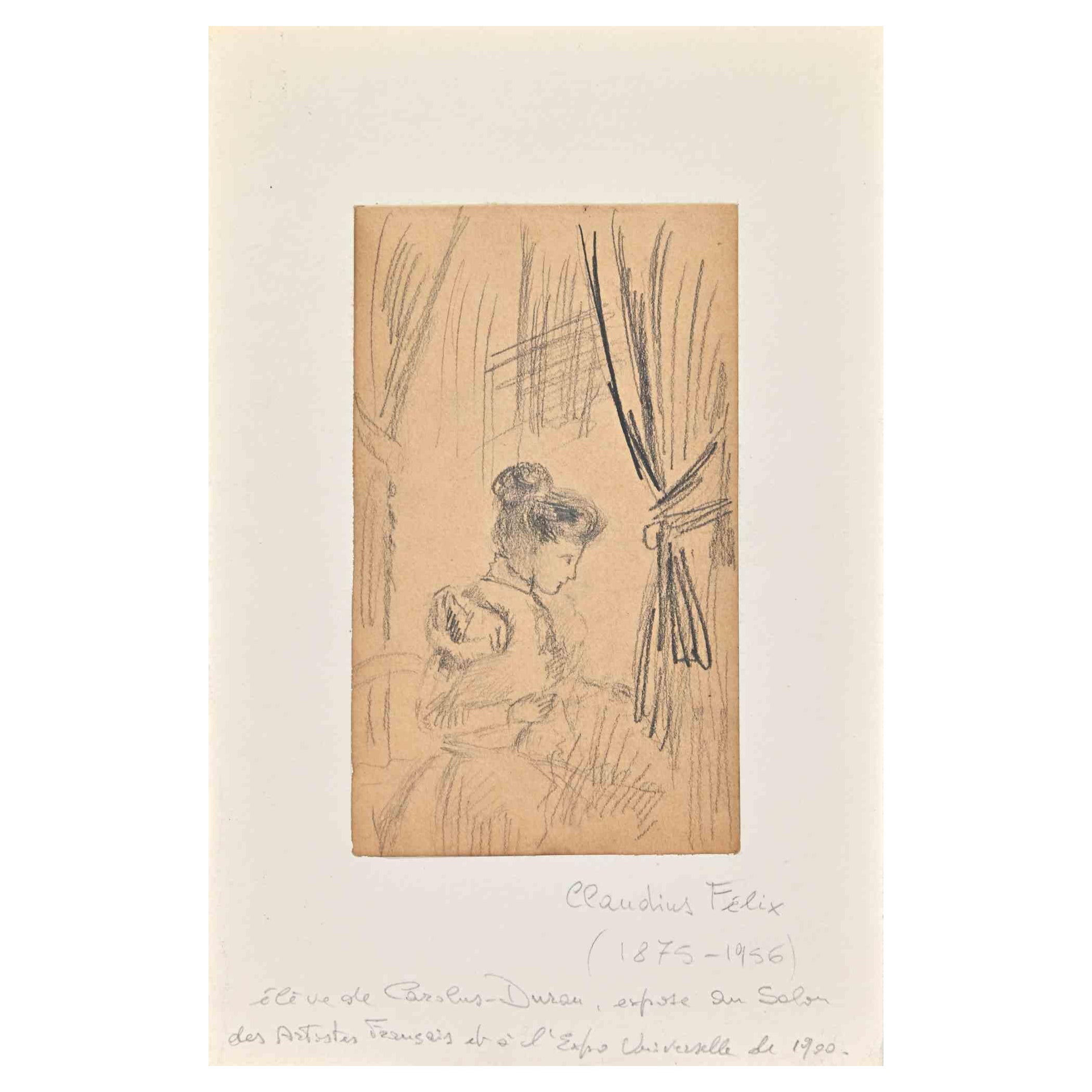 Mujer en un interior es un dibujo a lápiz realizado por Claudin Felix en 1890.

Buen estado en un papel marrón que incluye un paspartú de cartón blanco (25x16 cm).

Sin firma.
