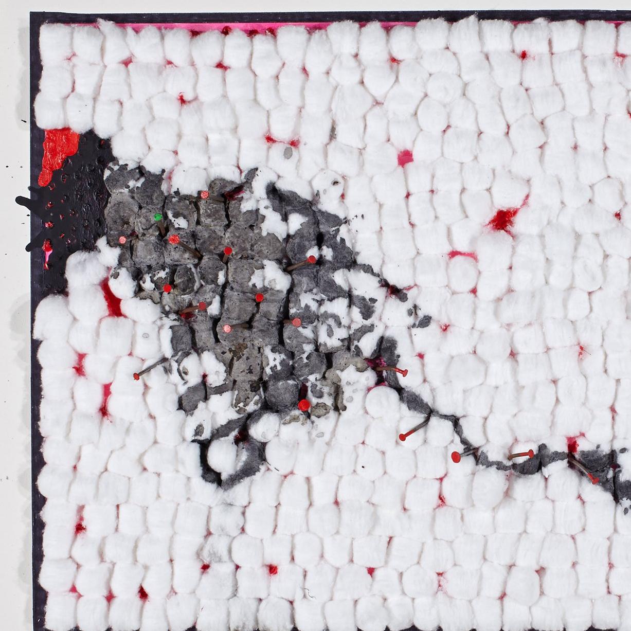 medium: cotton, nails, duct tape, and shelf with 6 guns

Luis Cruz Azaceta is a Cuban American painter. Since the late 1970s, his paintings and drawings have been taking the moral and ethical pulse of Cuba. For Azaceta, art is not a vehicle by