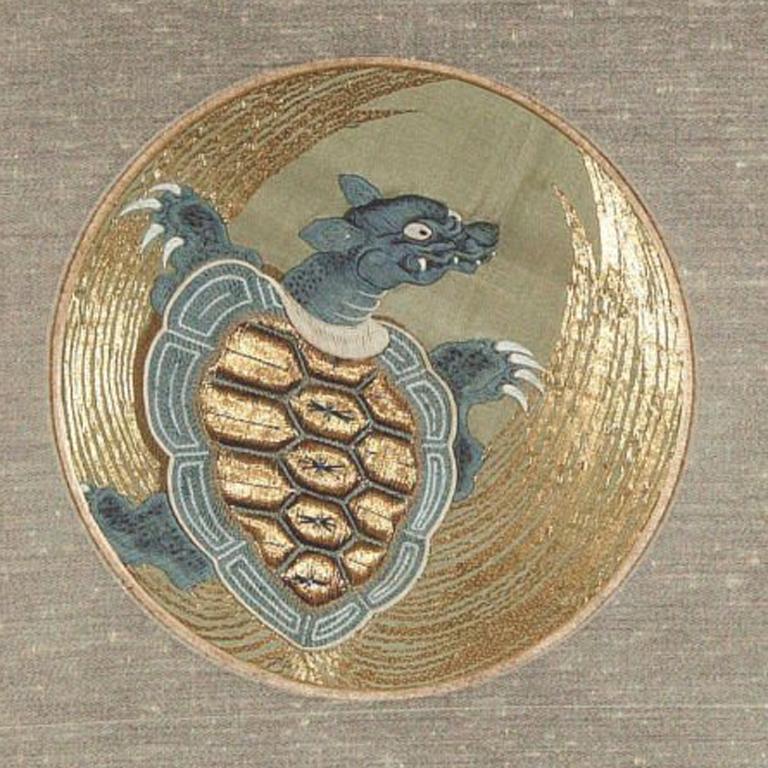A silk and gold thread embroidery of titles. Japan's textile industry was one of the first to adopt Western science and technology, and thus the Meiji era produced some of the highest quality silk textiles. The engravings of oil paintings inspired