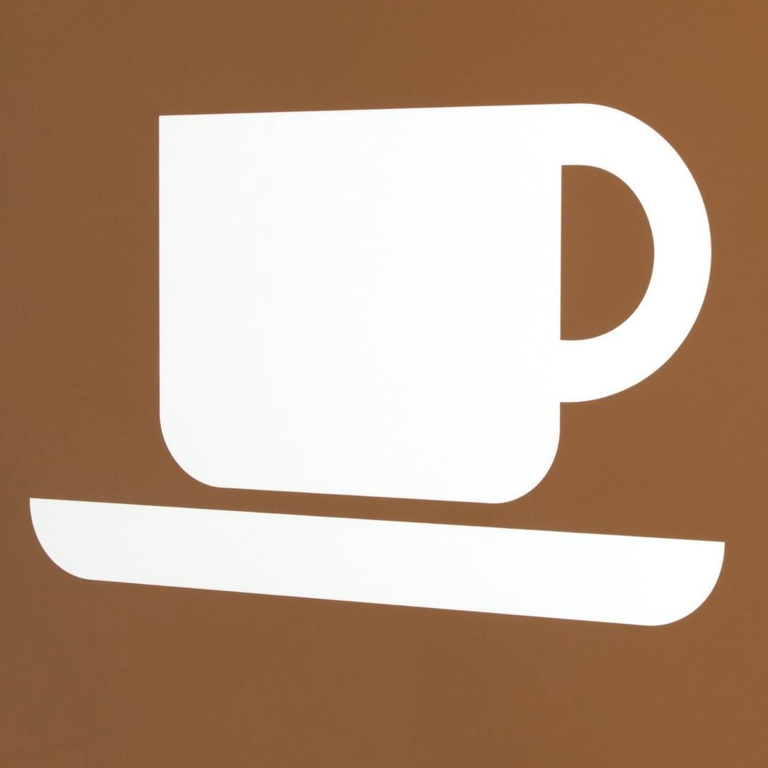 Todd Pierce
Cup of Coffee 
2016
Sign Plaque/ Installation  
27 x 27 x 1.76 

Todd Pierce is inspired by Andy Warhol, who taught us through his silk-screened images of Campbell Soup cans back in 1962, that objects of our popular culture can be