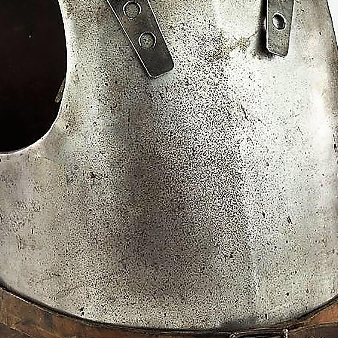 Authentic 18th Century Plate steel European cuirass, constructed of a separate breastplate and backplate, with the latter attached to the former by means of an adjustable leather strap at each shoulder, protected by riveted steel plates, and with an