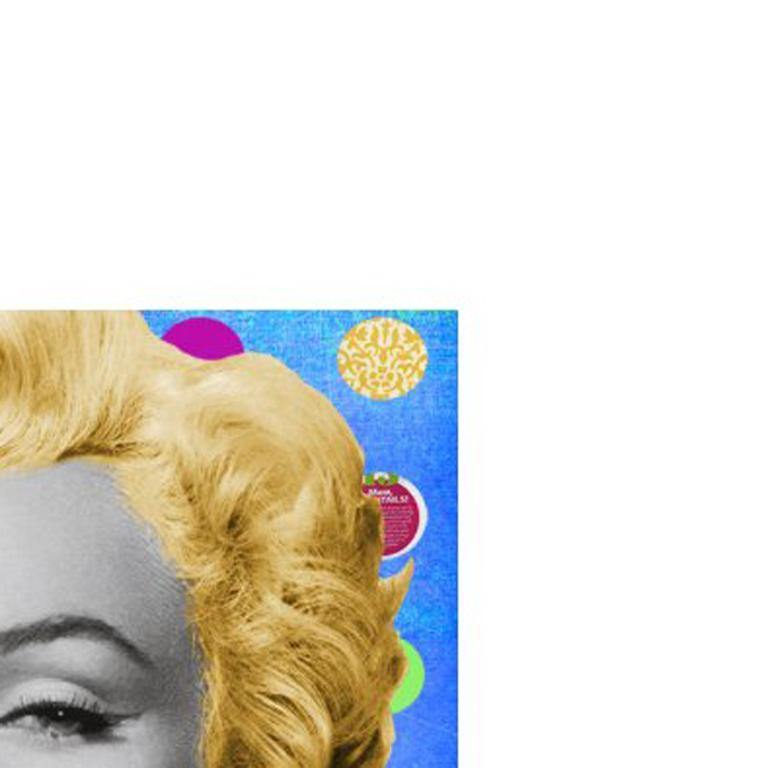 Nelson de la Nuez 
Marilyn Chanel
30” x 32”
Mixed Media Resin on Wood
Limited Edition

Nelson places the famous photographic of Marilyn Monroe’s face with brightly colored blonde hair, adjacent to the CHANEL brand, and in front of cool colors and