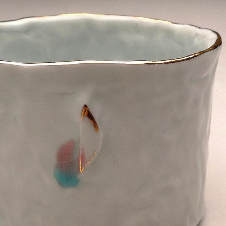 Title : Mapping of Memories - mug 4
Materials : porcelain, gold
Date : 2017
Dimensions : 3.5x5.25x3.5
Description : Hand building, cone10 redux - cone6 redux - cone018 gold