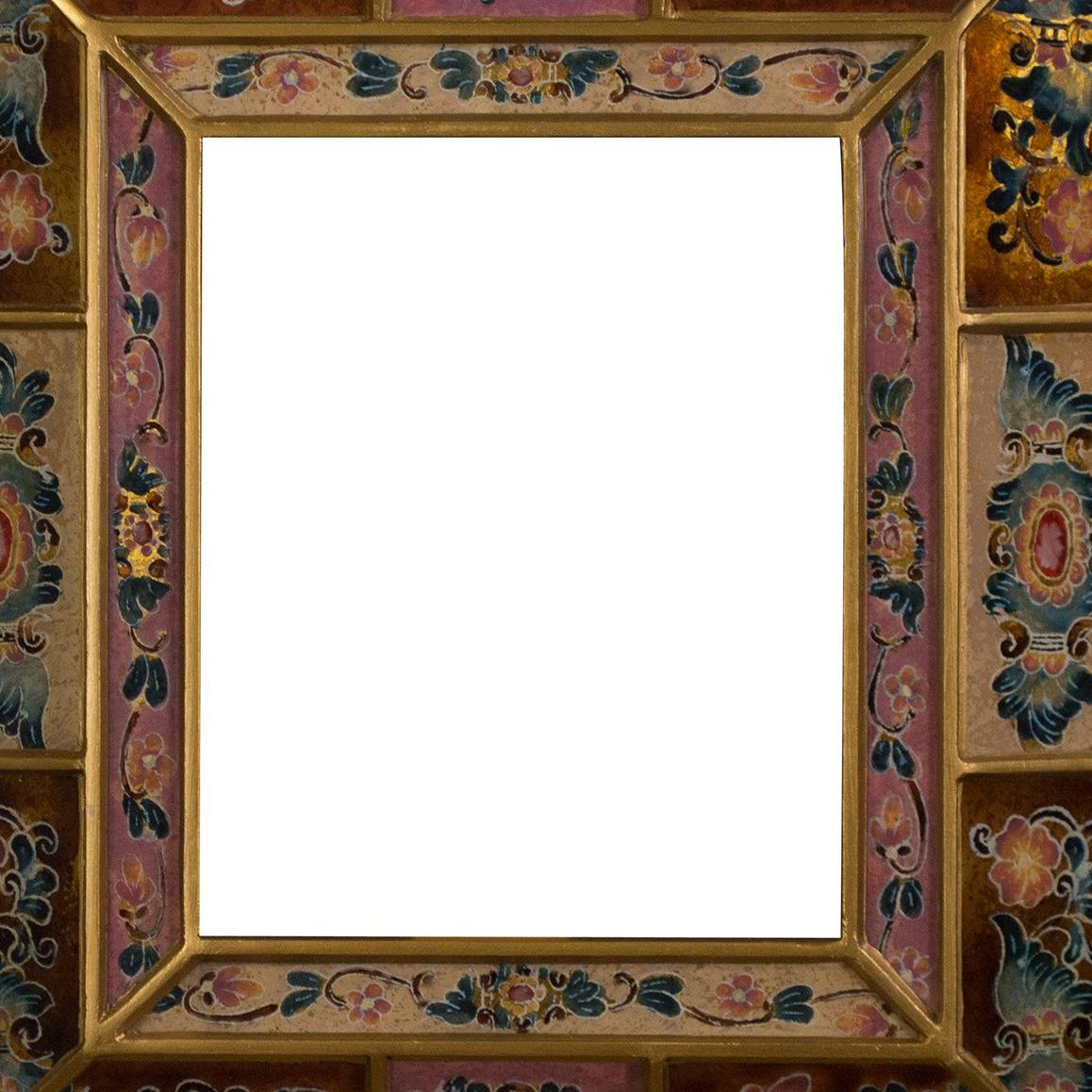 This glass frame, now being used to hold a mirror, was hand-painted by an unknown Peruvian artist. The opening of the frame is 8