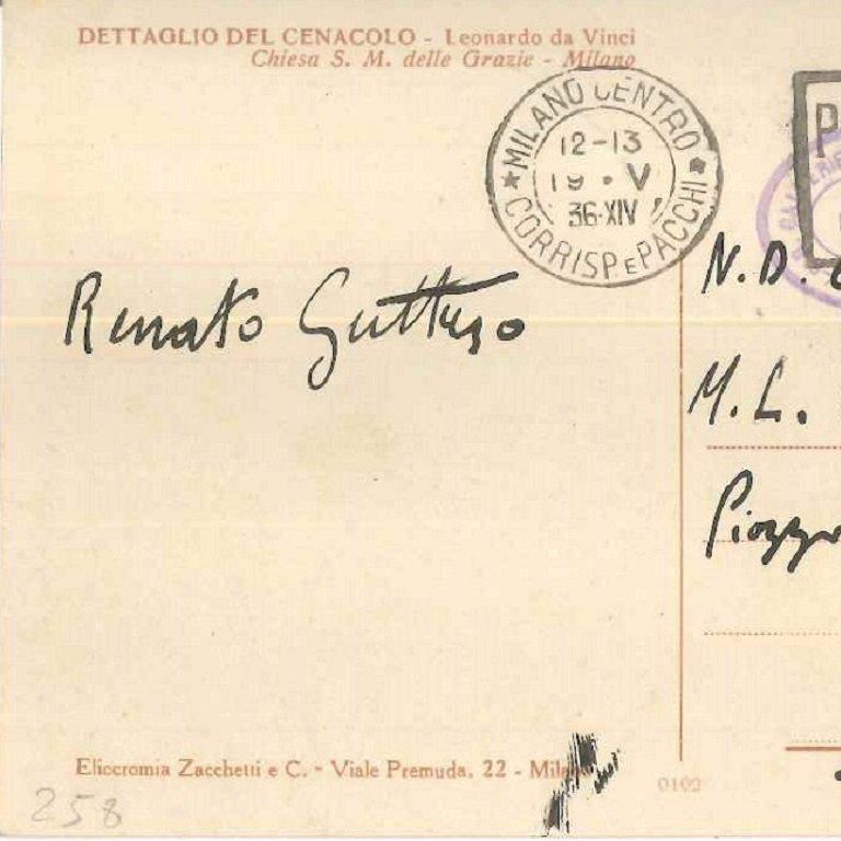 Autographe Postkarte von Renato Guttuso an die Gräfin Pecci-Blunt. Auf der Vorderseite befindet sich eine Reproduktion eines Details aus Leonardos 