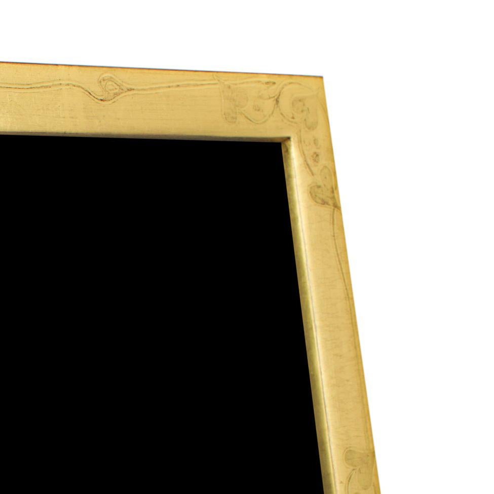 This photo frame was hand-made in Romania and features 22K gold leafing. It is made out of wood and includes archival plexiglass to protect anything displayed in it from fading or other damage from light. This frame can be used both vertically and