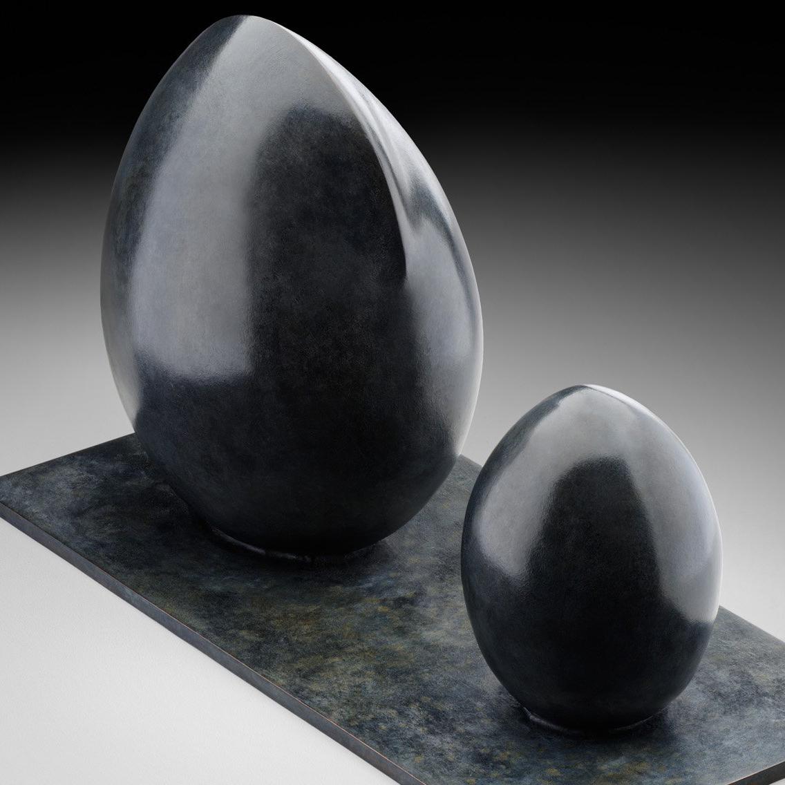 Genese is a 15.5 x 25 cm bronze abstract sculpture. It is part of a limited edition of 8. It shows two free standing egg shaped elements. 

Self-taught through her patient work on clay, which she has been sculpting for more than twenty years,