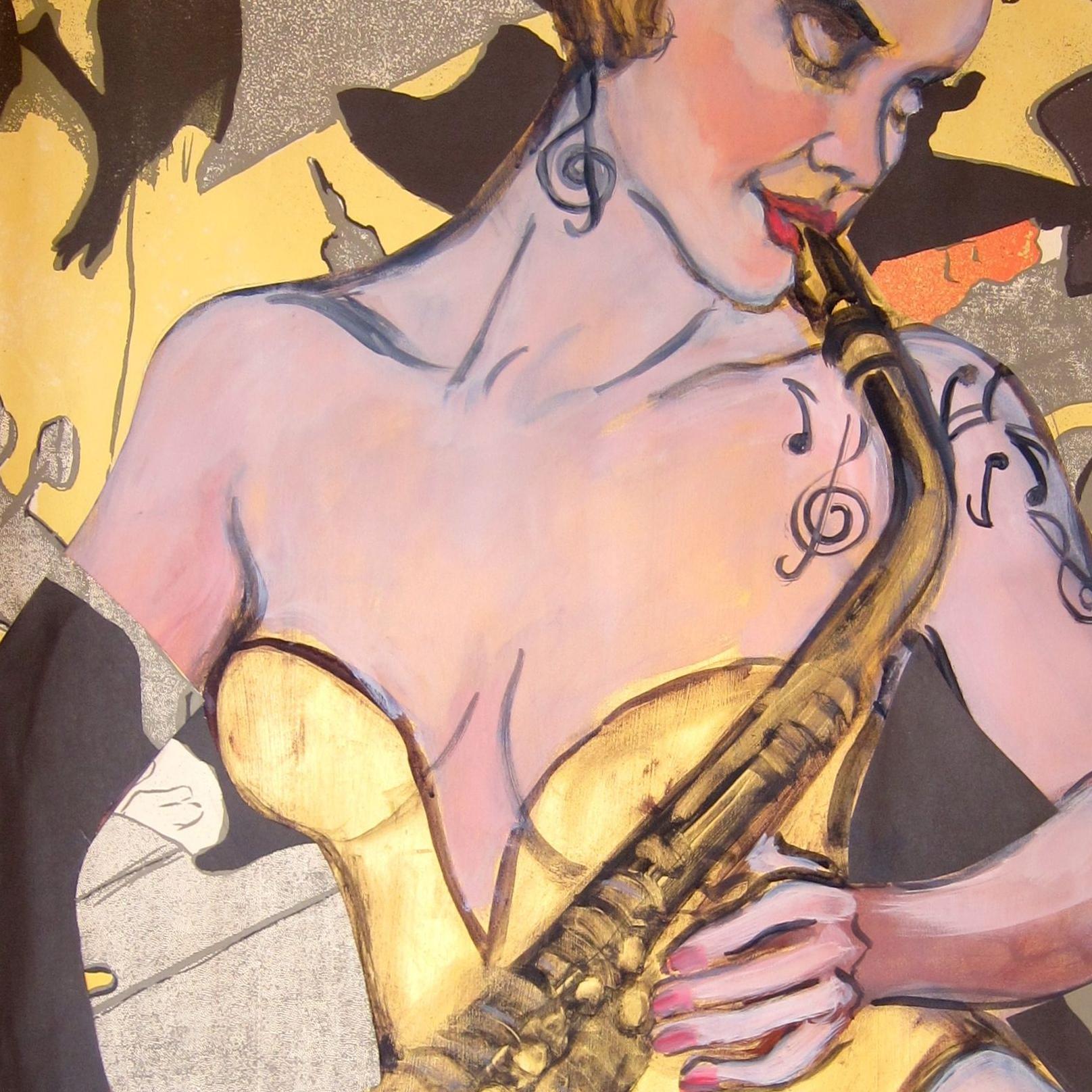 Sexaphone, Mixed Media on Watercolor Paper - Art Deco Mixed Media Art by Freda Alschuler