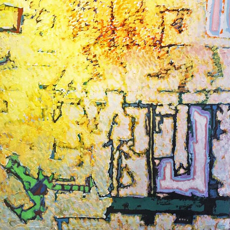 Traces -contemporary abstract textured bright yellow mixed media painting canvas - Contemporary Mixed Media Art by John Butterworth