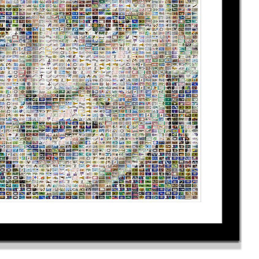 Dieses Kunstwerk besteht aus 3003 Briefmarken.

In Stamp Mosaics sind verschiedene Erzählstränge miteinander verknüpft. Die einzelnen Briefmarken stellen wichtige historische Ereignisse ebenso dar wie Porträts prominenter Personen oder Darstellungen