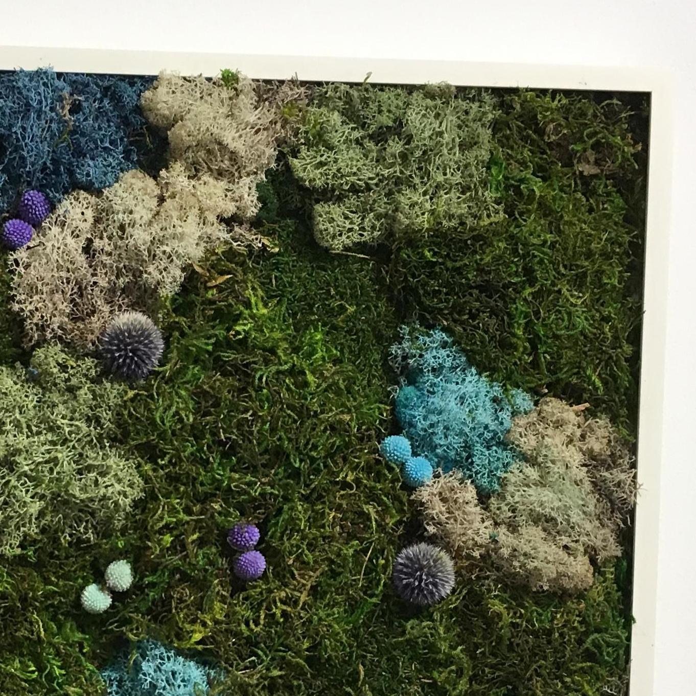 Love Vertical Gardens, but don't want the commitment of caring for the plants? This is the garden for you! Beautiful abstract composition of real preserved mosses in an open framed shadowbox is care free, with no needs of light or water that is