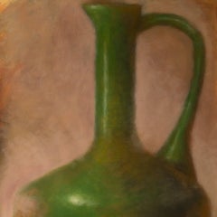 Green Amphora on Pink, Mixed Media on Watercolor Paper