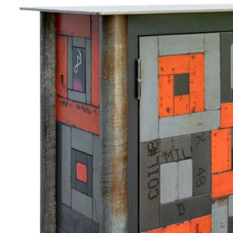Two Door Housetop Quilt Cupboard - Steel Furniture, Gee's Bend Quilt Design - Sculpture by Jim Rose