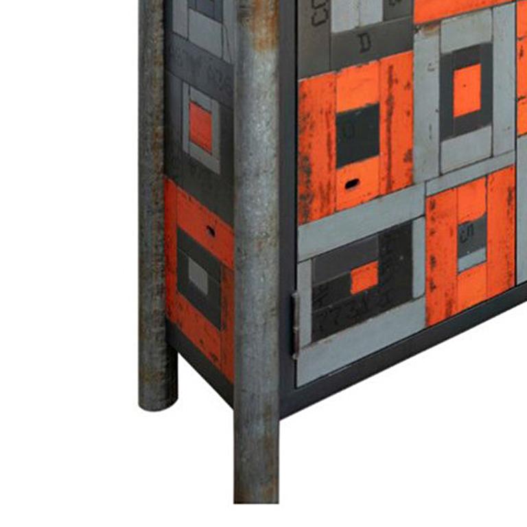 Two Door Housetop Quilt Cupboard - Steel Furniture, Gee's Bend Quilt Design - Gray Abstract Sculpture by Jim Rose