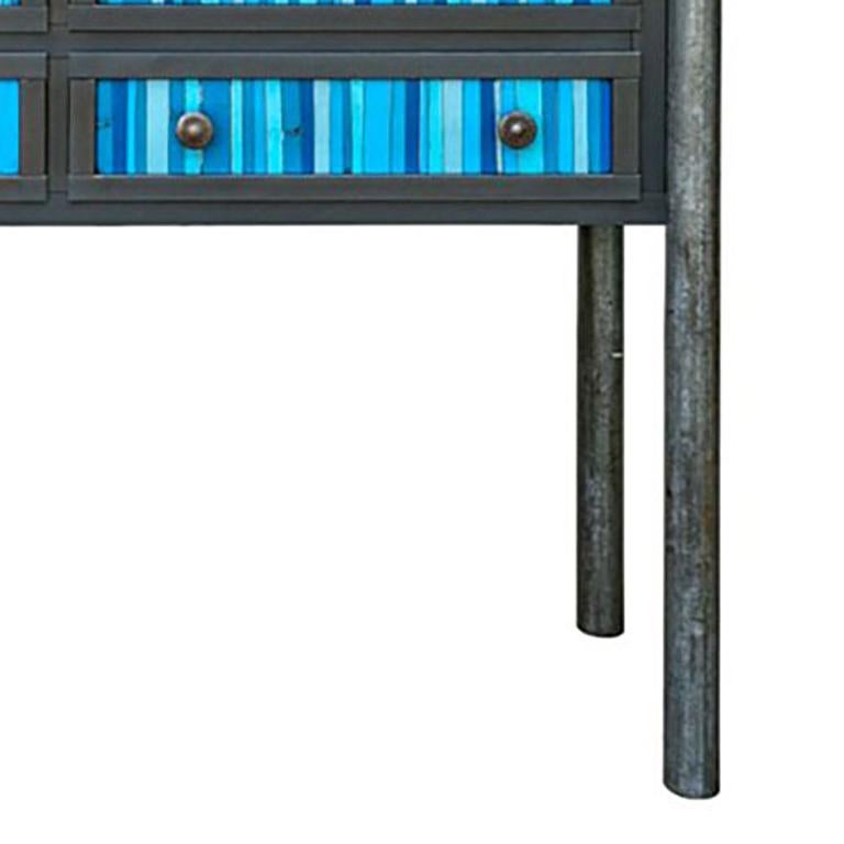 Four Drawer Strip Quilt Counter - Steel Furniture, Gee's Bend Quilt Design - Blue Abstract Sculpture by Jim Rose