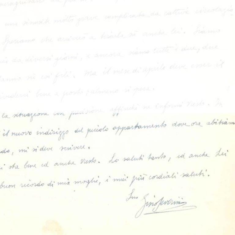 Autograph letter signed by Gino Severini to Veno Pilon. Nice, Avril 7th 1958. One double-sided page, in Italian. With some notes in pencil. Excellent conditions, except for some usual folds of paper, some little rips on the left margin, a little
