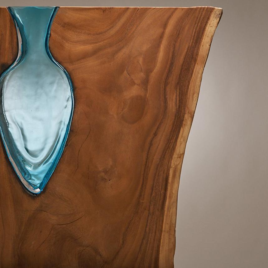 Hand Blown Aqua Glass Amphora with Live Edge Wood Vase Sculpture Scott Slagerman - Contemporary Mixed Media Art by Scott Slagerman / Jim Fishman