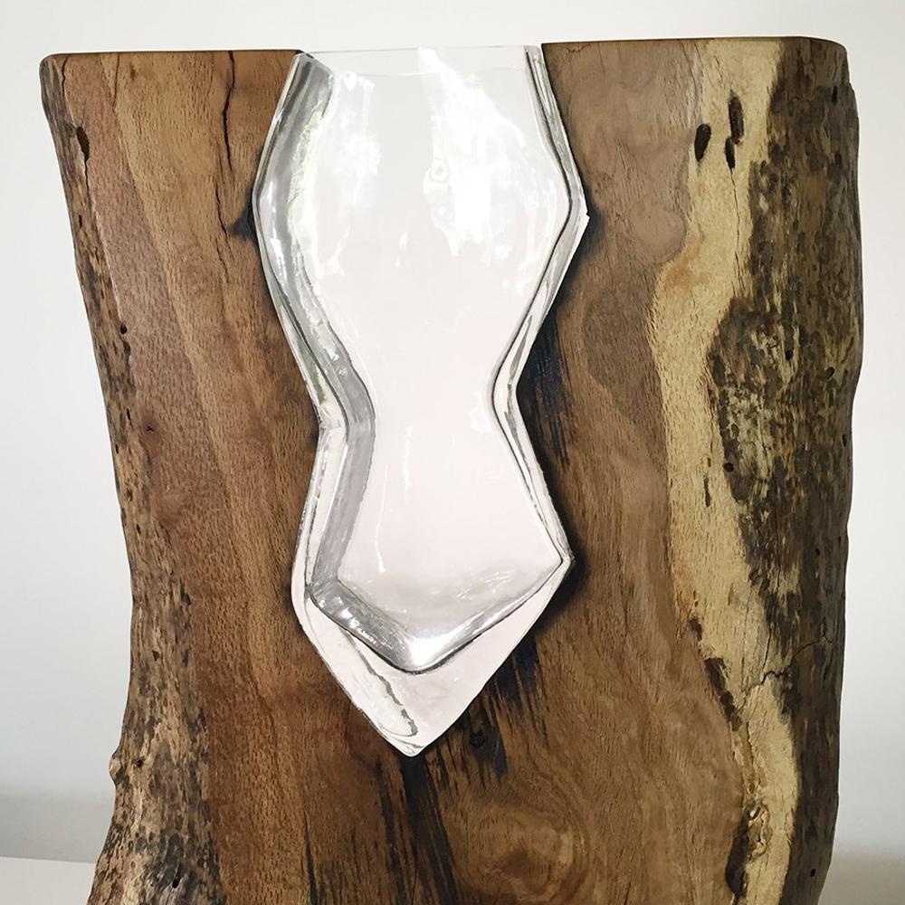 Hand Blown Clear Glass with Live Edge Wood, Vase Sculpture, Scott Slagerman For Sale 1