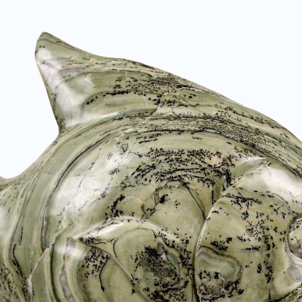 Fish. Stone Sculpture. Butterjade Stone. Polished.  Green /Teal fossils embedded - Beige Figurative Sculpture by SHAMVA