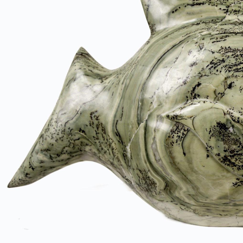 Fish. Stone Sculpture. Butterjade Stone. Polished.  Green /Teal fossils embedded For Sale 1