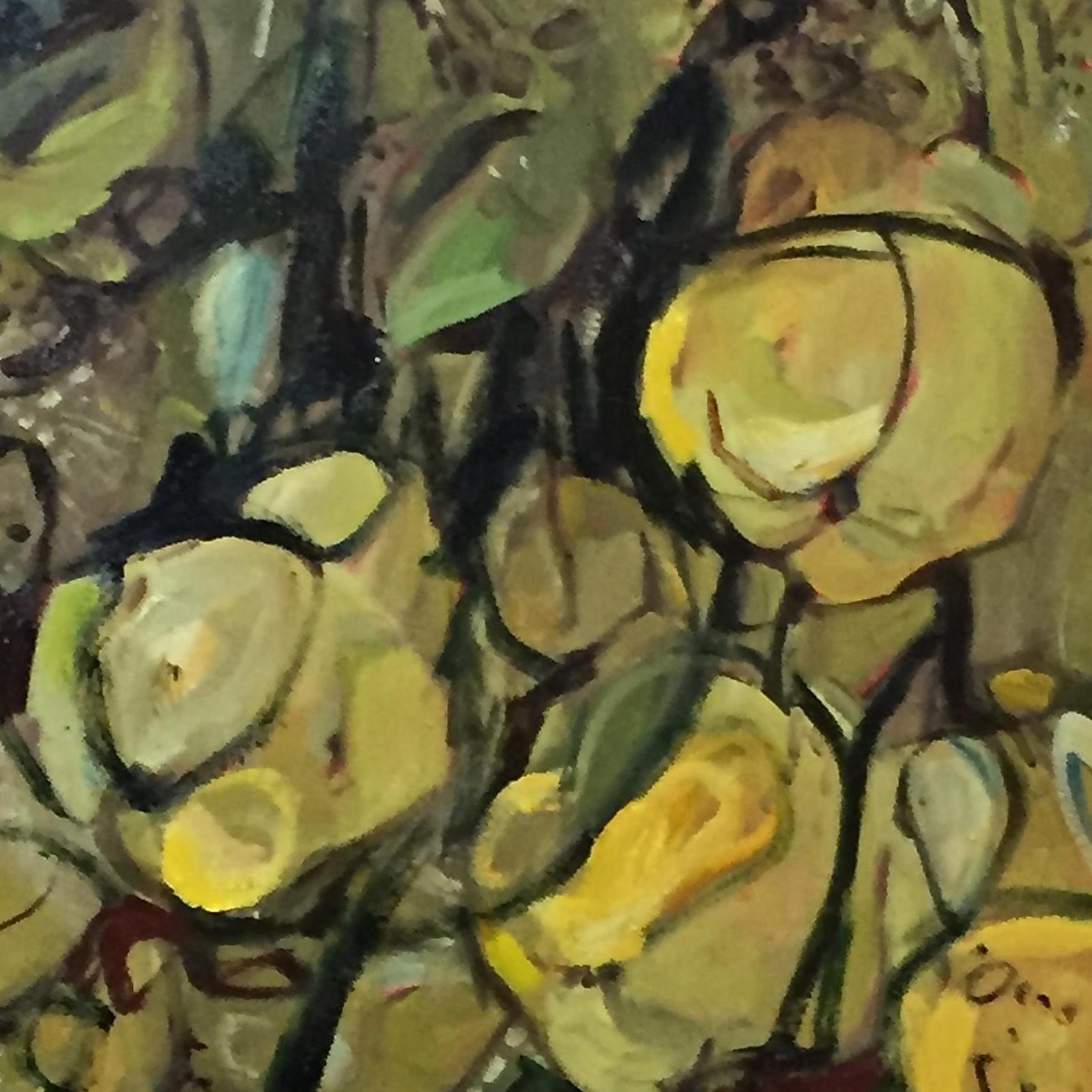 Quinces - Gold Abstract Painting by Elaine Kazimierczuk
