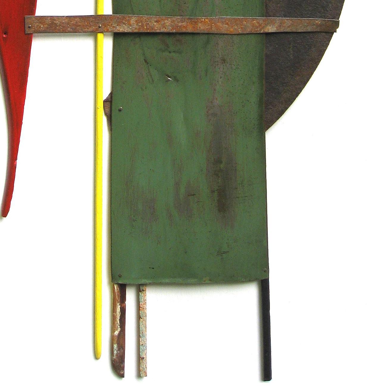  Abstraktes Werk in Mischtechnik mit Öl- und Latexfarbe, Holz und Metall auf Sperrholzplatte.     32