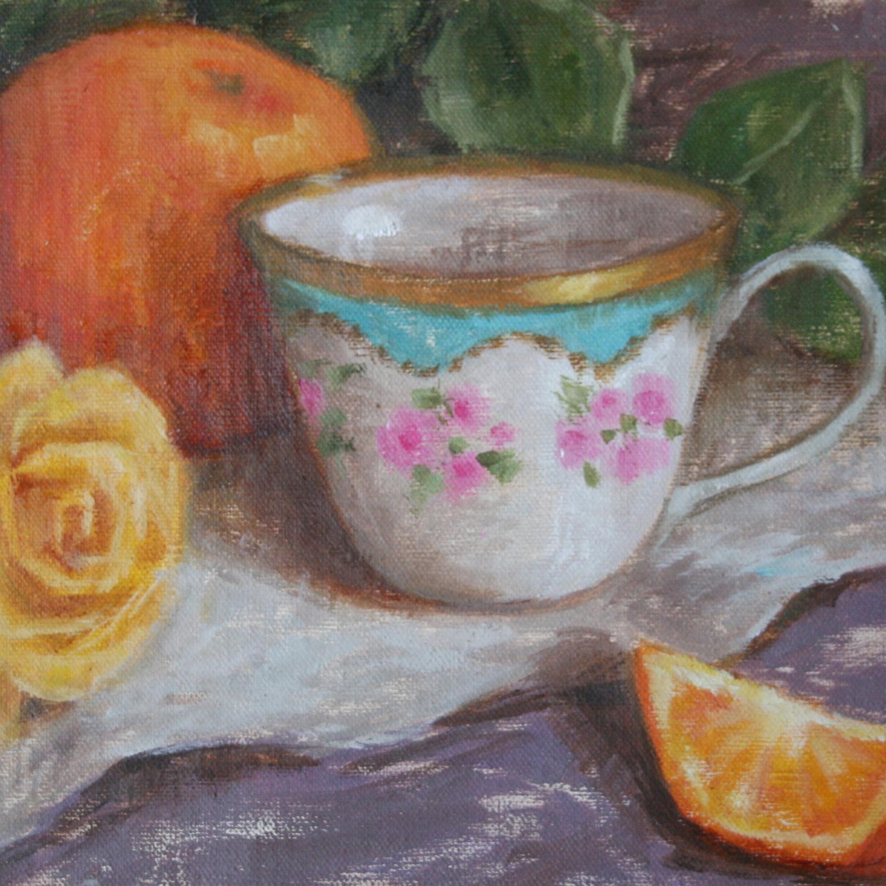 Tea and Citrus - Gray Still-Life Painting by Lisa Nielsen