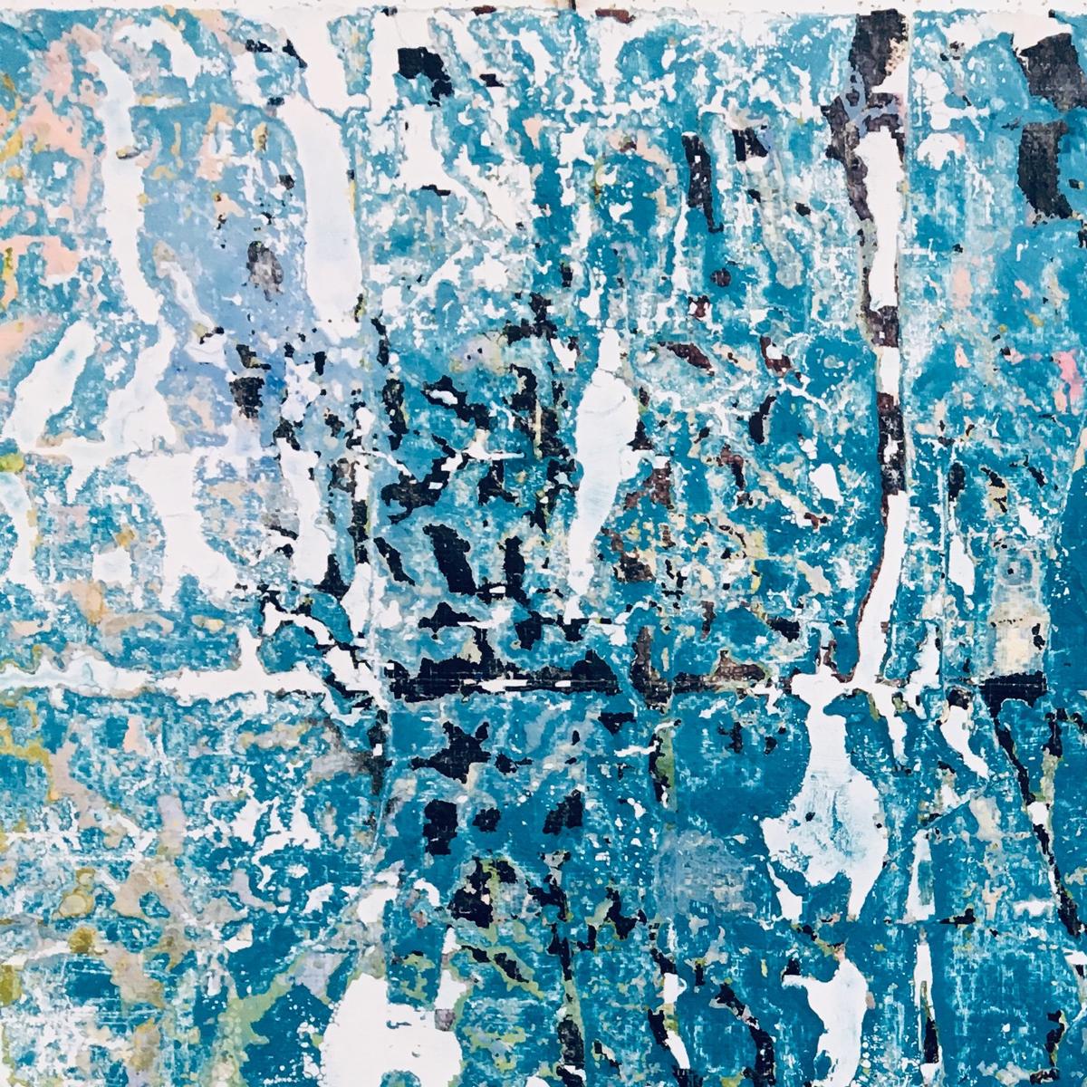 Blue Ice, Mid Century, vivid blue tones, abstract, textured acrylic on paper - Abstract Mixed Media Art by Bonny Novesky