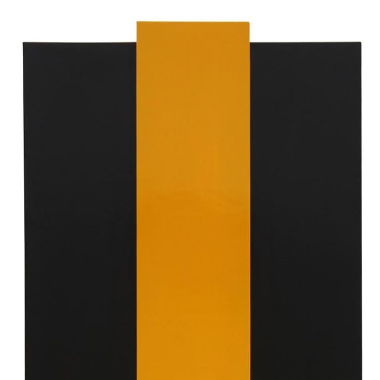 Statement modern geometric painting with unique shape and design. High gloss yellow lacquer sits atop a matte black background. Artist recommends painting be hung horizontally or vertically. 