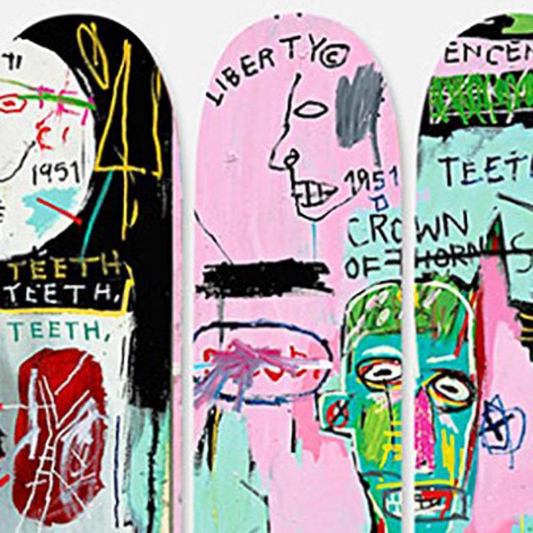 Skateboard Deck Triptych licensed by the Estate of Jean Michel Basquiat in conjunction withArtestar in 2014, featuring offset imagery of the much iconic early eighties work, “In Italian.”

Each deck measures: 31.5″ h x 8″ w x 0.5″ (x 3