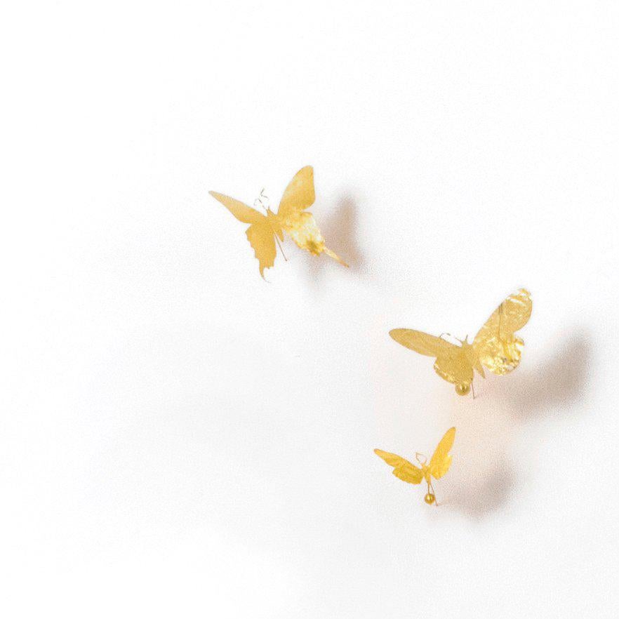 kinetic installation of 10 butterflies
medium: aluminum (found cans), wire, brass, gold leaf

*cans and butterfly species will vary per set
*installation dimensions are variable and at discretion of client

Available in multiple color options