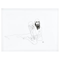 "Aarron no. 2", figure line drawing of nude male sitting holding an object