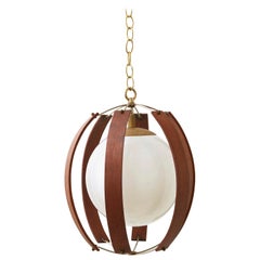 Midcentury Bentwood and Brass Pendant with Milk Glass Globe