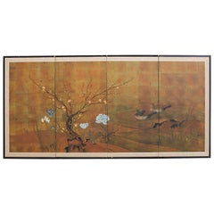 Vintage Japanese Four-Panel Screen of Ducks and Flowers