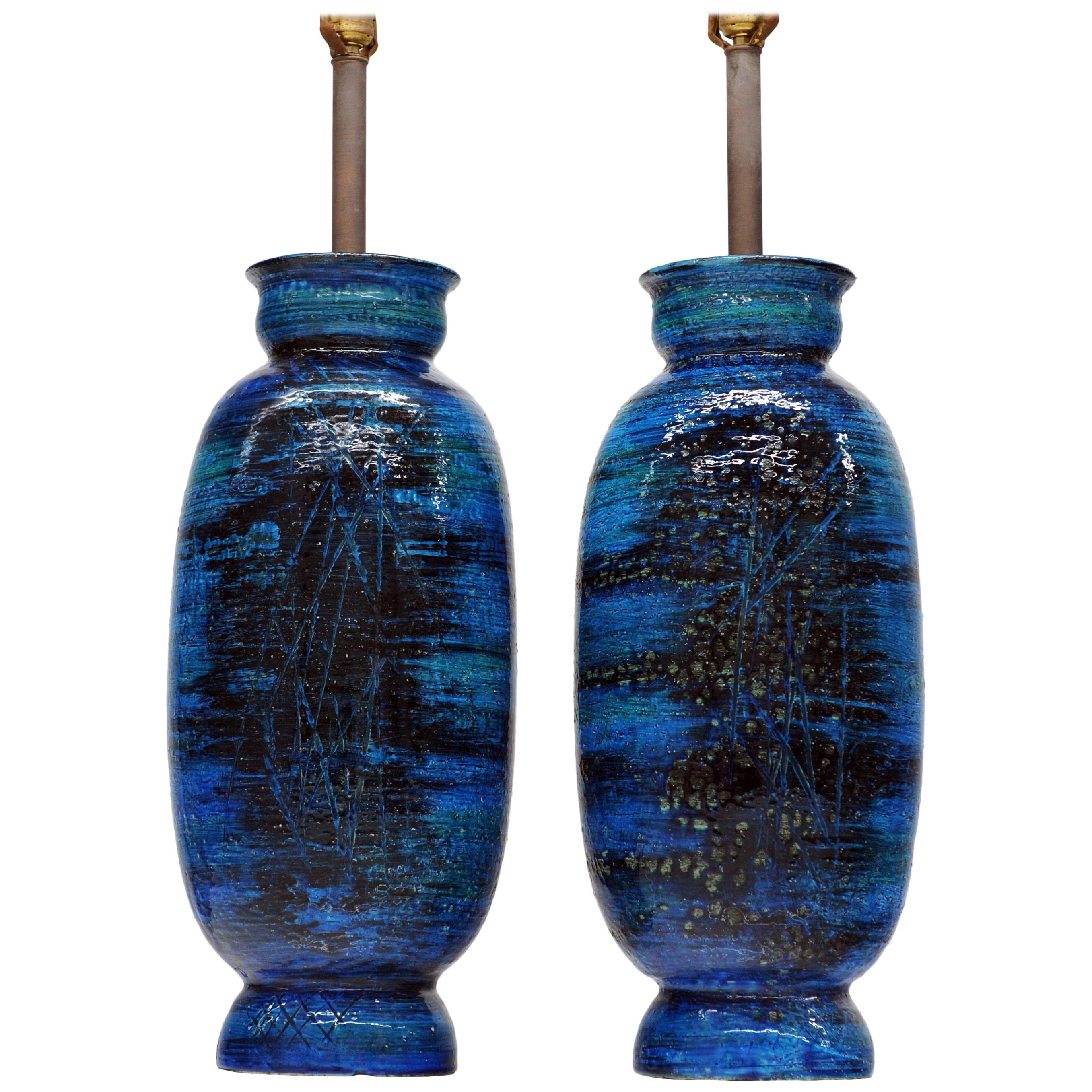 Large Ceramic Pair Rimini Blue Table Lamps by Aldo Londi for Bitossi, Italy