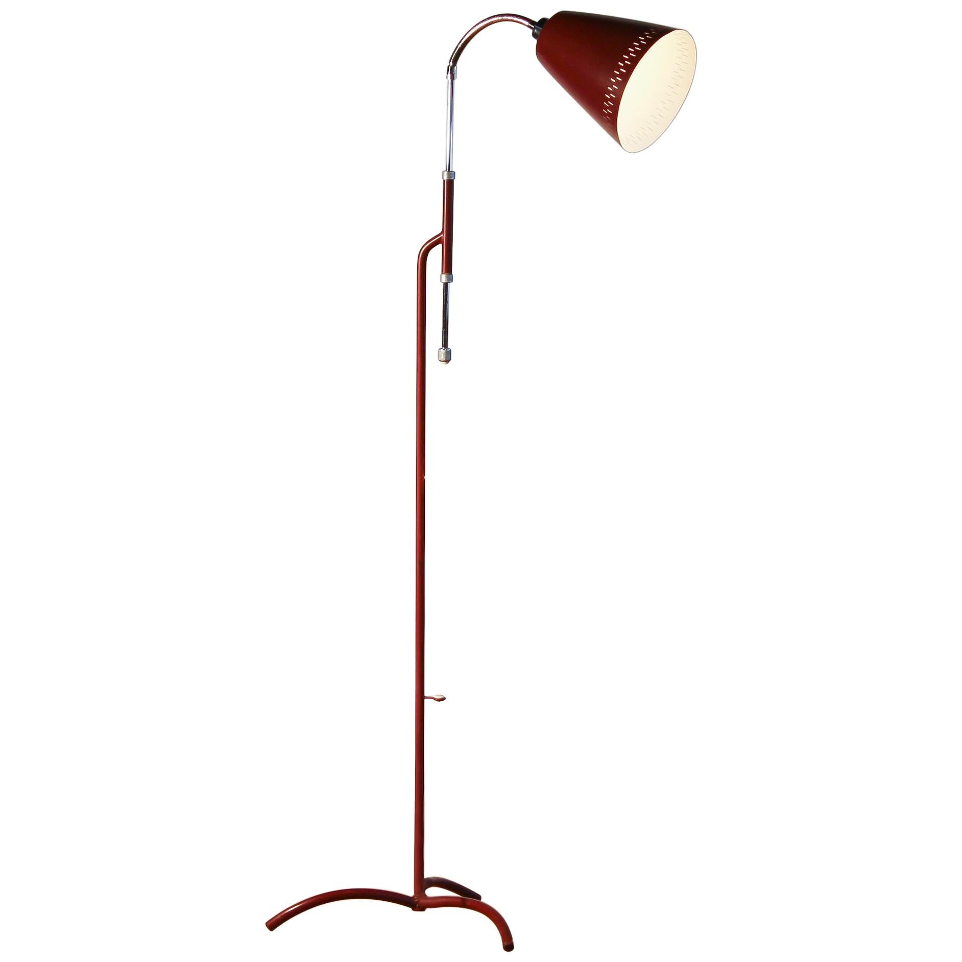 1950s, Metal and Brass Red Floor Lamp by Hans Bergström