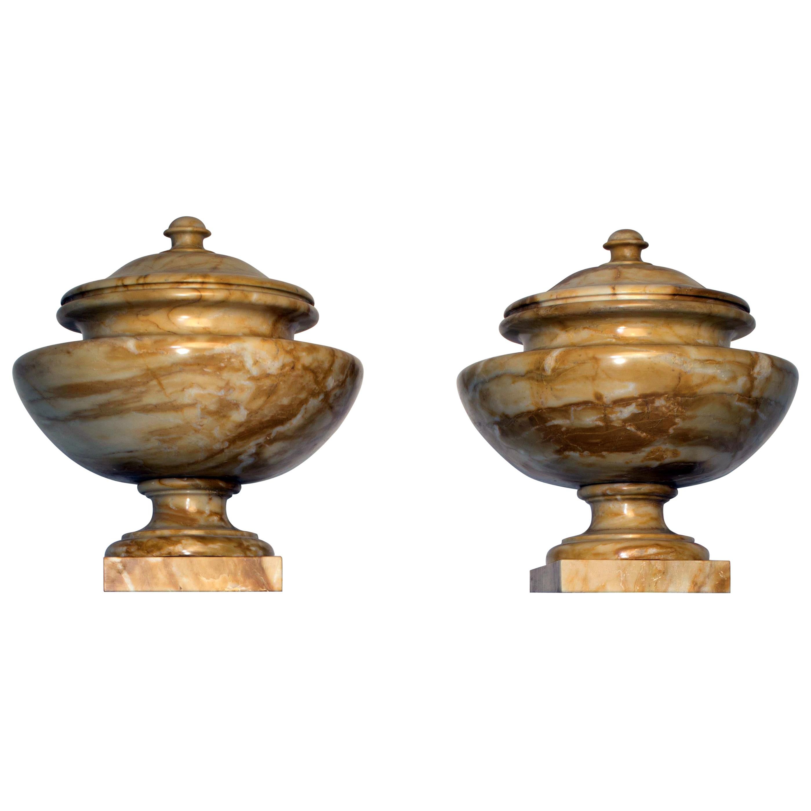 Neoclassical Italian Tuscany Marble Siena Yellow Pair of Urns For Sale