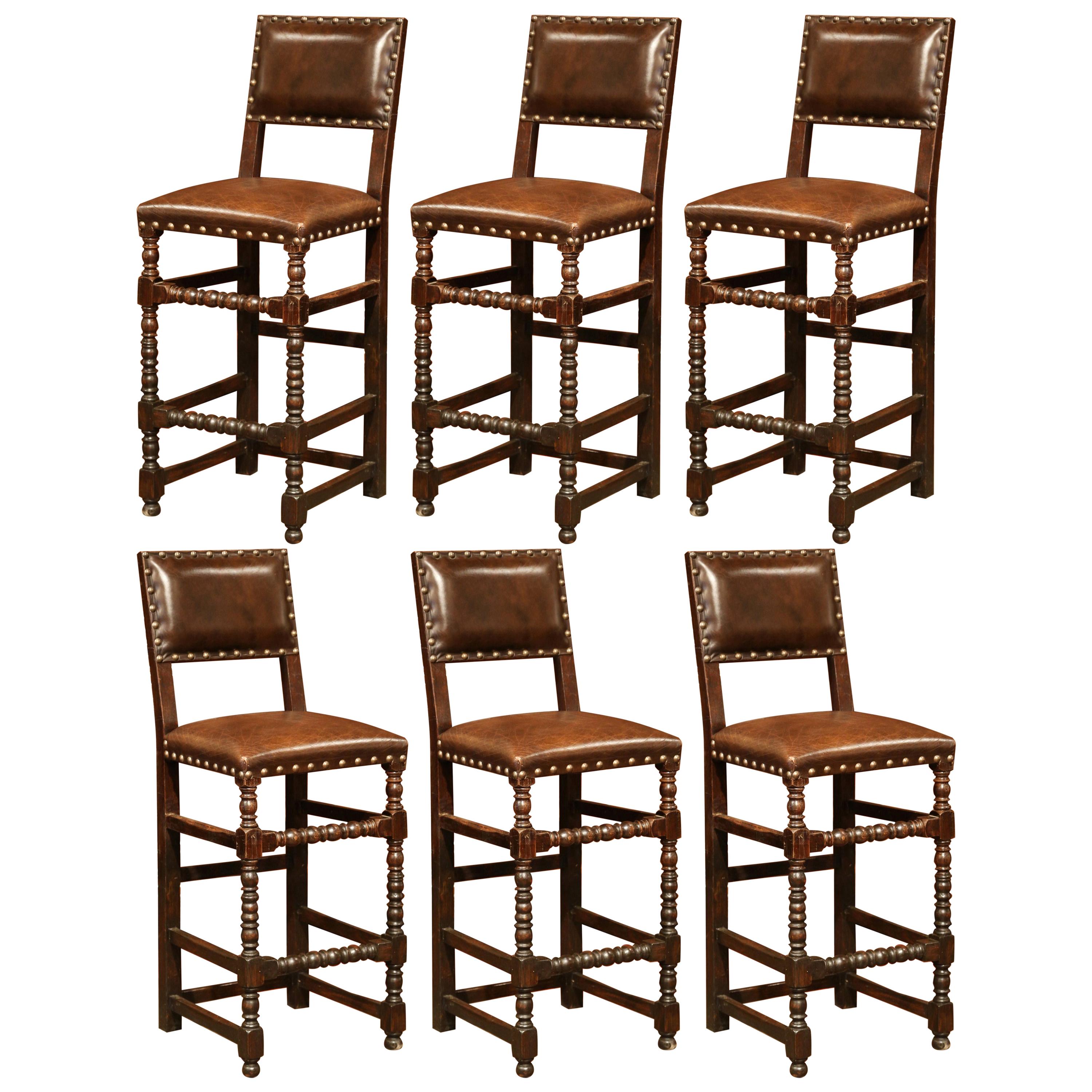 19th Century French Carved Oak Barstools Set with Back and Original Leather